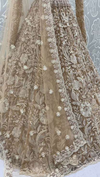 Golden Pure Heavy Net Flower Embroidery Pattern Handwork  Sequins Thread Work Bridal Lehenga Choli