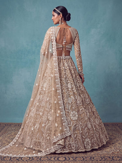 Golden Pure Heavy Net Flower Embroidery Pattern Handwork  Sequins Thread Work Bridal Lehenga Choli