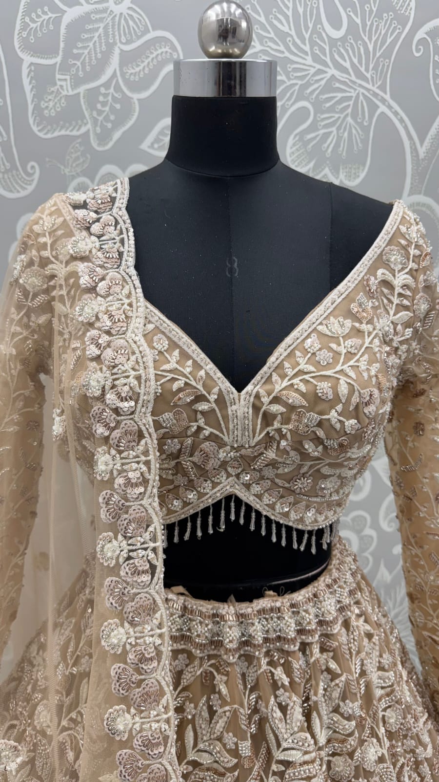 Golden Pure Heavy Net Flower Embroidery Pattern Handwork  Sequins Thread Work Bridal Lehenga Choli