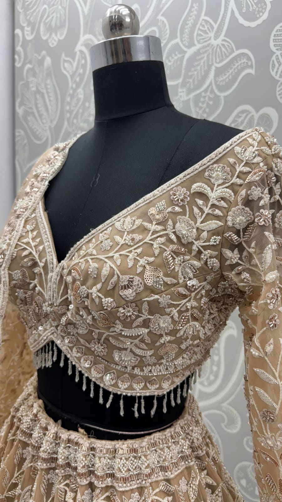 Golden Pure Heavy Net Flower Embroidery Pattern Handwork  Sequins Thread Work Bridal Lehenga Choli