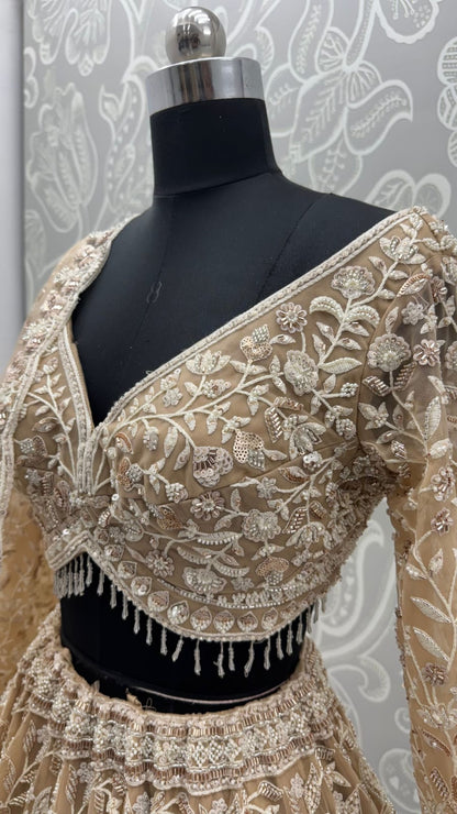 Golden Pure Heavy Net Flower Embroidery Pattern Handwork  Sequins Thread Work Bridal Lehenga Choli