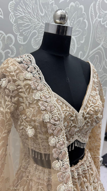 Golden Pure Heavy Net Flower Embroidery Pattern Handwork  Sequins Thread Work Bridal Lehenga Choli