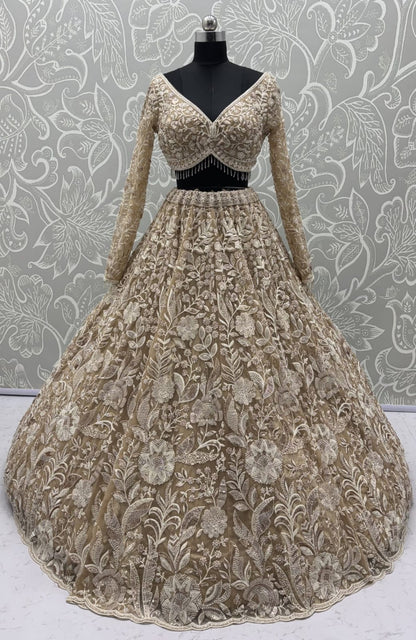 Golden Pure Heavy Net Flower Embroidery Pattern Handwork  Sequins Thread Work Bridal Lehenga Choli