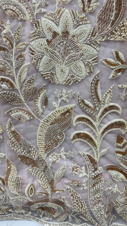 White Pure Heavy Net Flower Embroidery Pattern Handwork  Sequins Thread Work Bridal Lehenga Choli