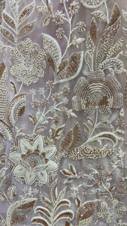 White Pure Heavy Net Flower Embroidery Pattern Handwork  Sequins Thread Work Bridal Lehenga Choli