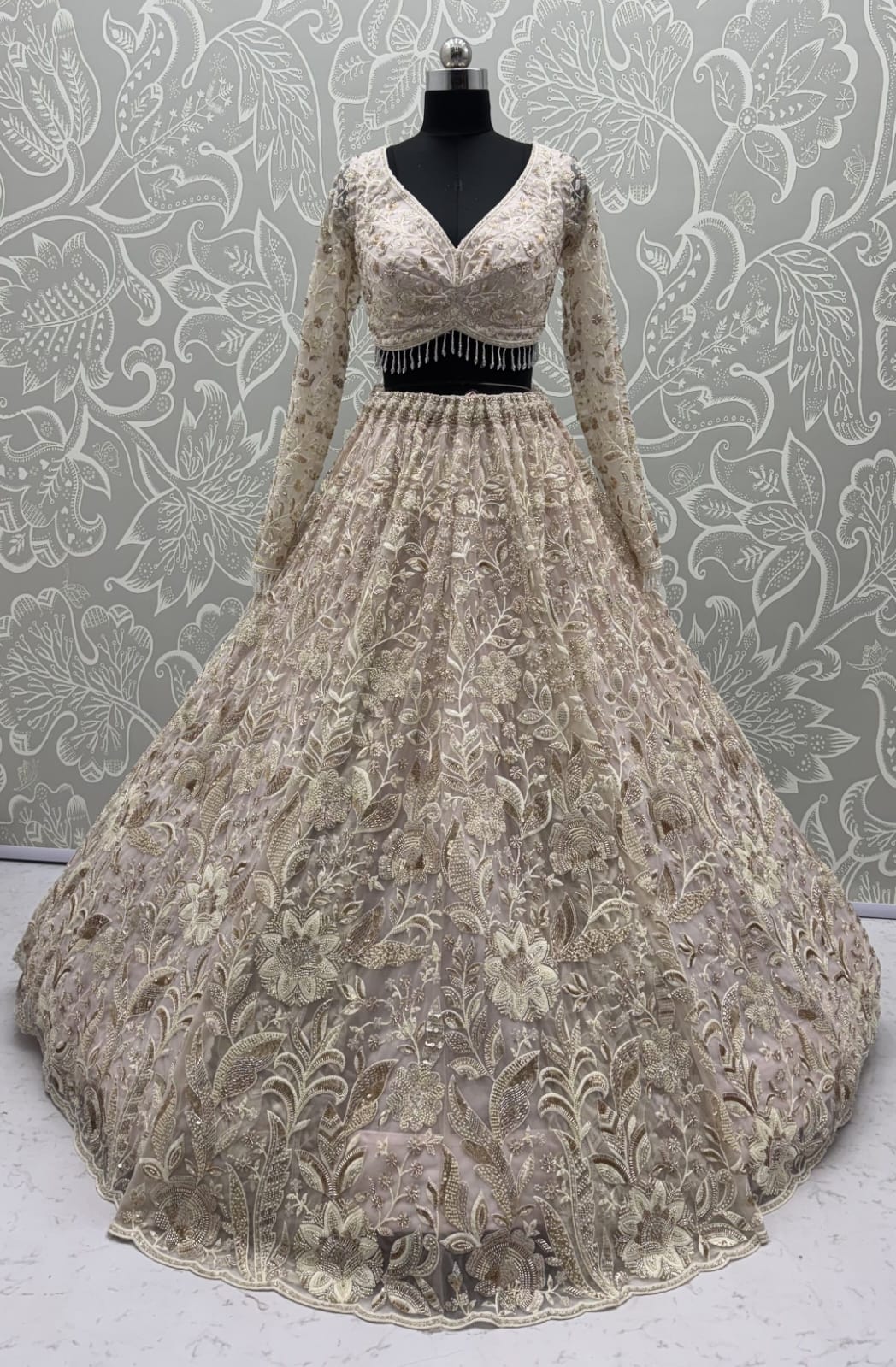 White Pure Heavy Net Flower Embroidery Pattern Handwork  Sequins Thread Work Bridal Lehenga Choli