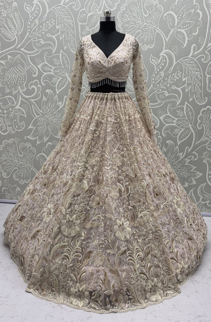 White Pure Heavy Net Flower Embroidery Pattern Handwork  Sequins Thread Work Bridal Lehenga Choli