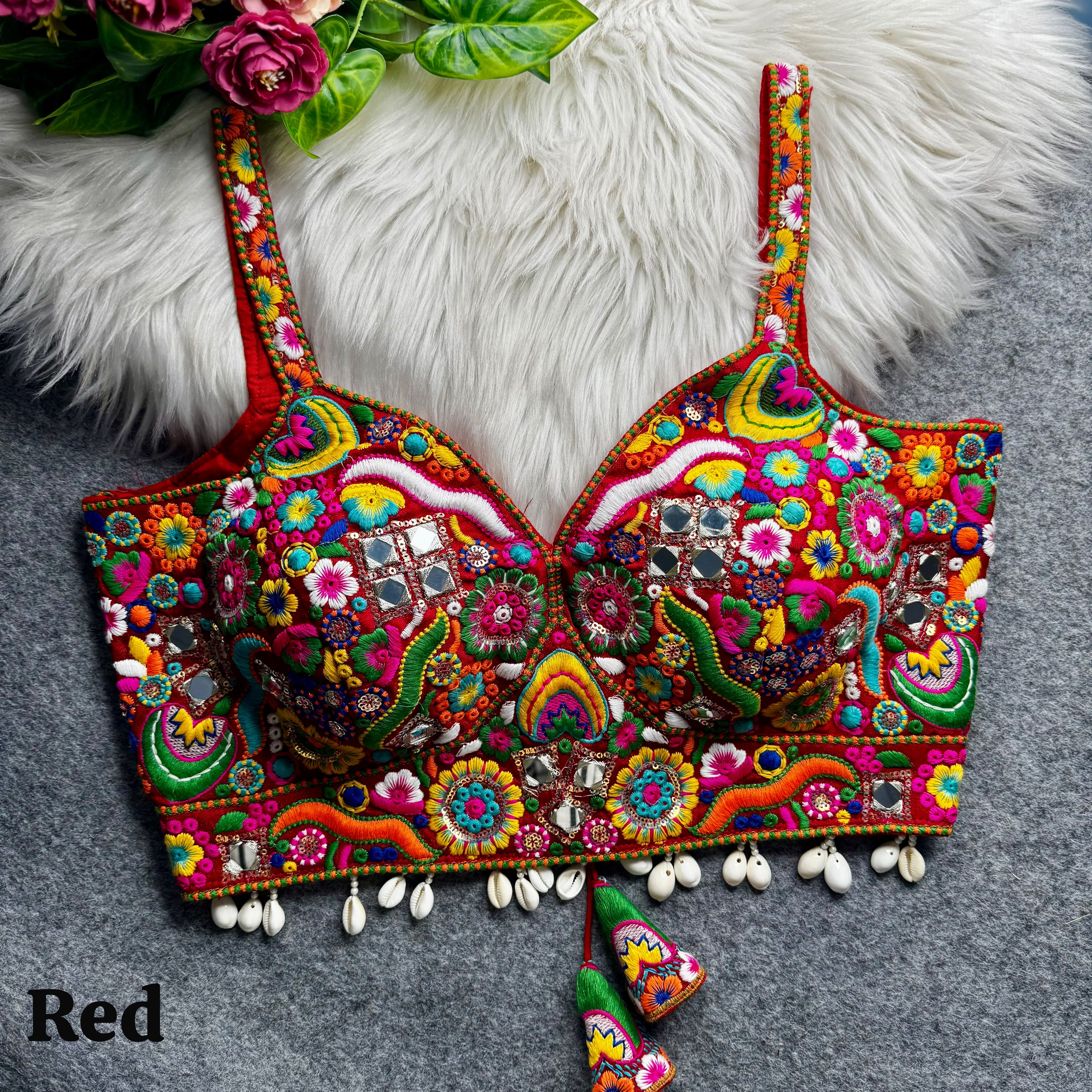 Red Pure Heavy Italian Soft Silk Real Mirror Thread &amp; Kaudi Work Navratri Blouse