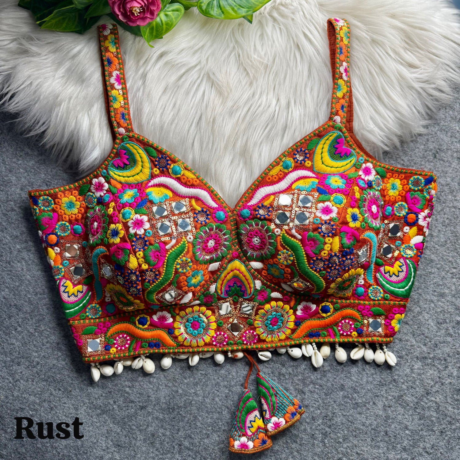 Rust Pure Heavy Italian Soft Silk Real Mirror Thread &amp; Kaudi Work Navratri Blouse