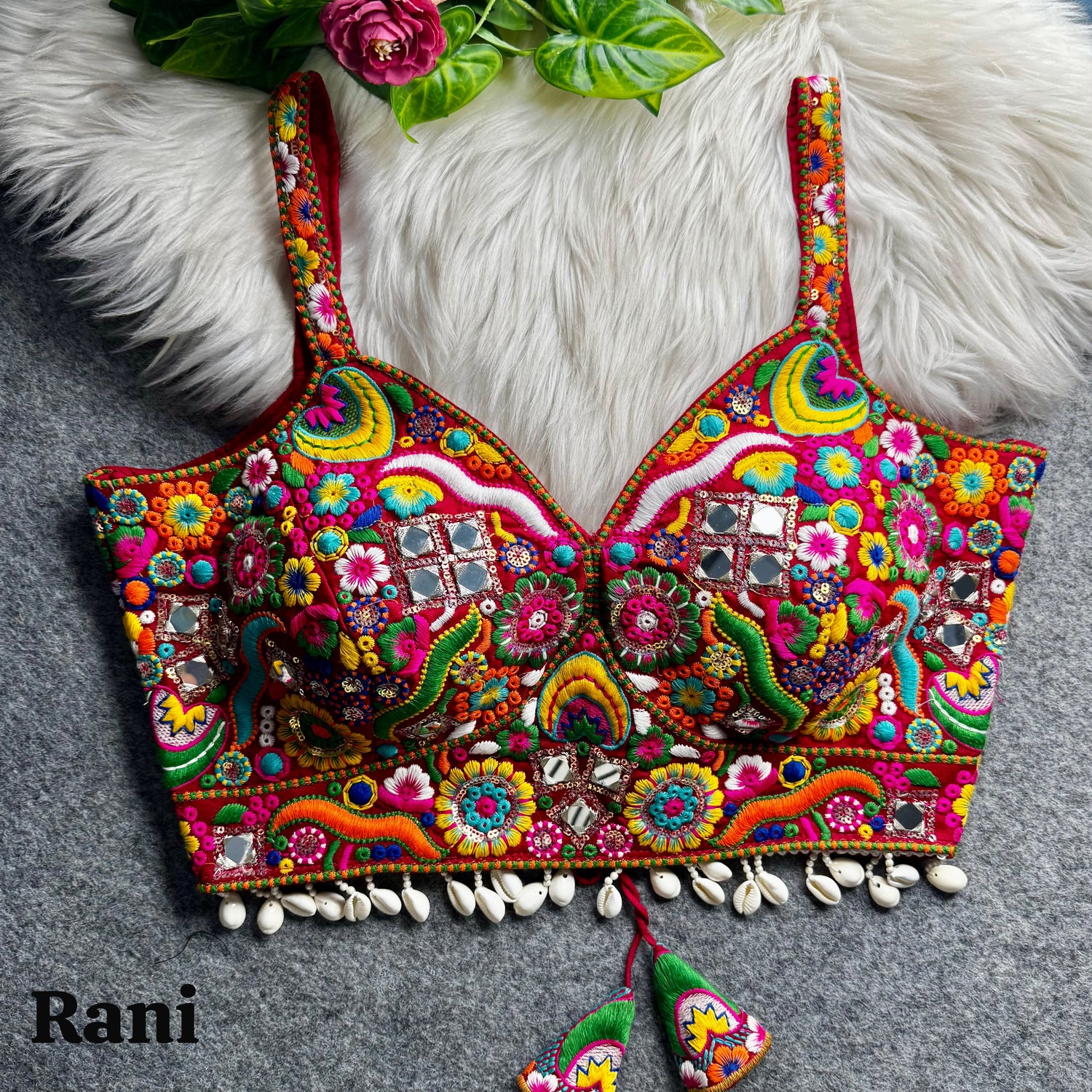 Rani Pure Heavy Italian Soft Silk Real Mirror Thread &amp; Kaudi Work Navratri Blouse