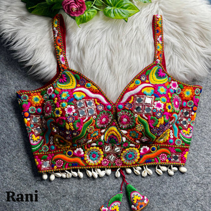 Rani Pure Heavy Italian Soft Silk Real Mirror Thread &amp; Kaudi Work Navratri Blouse