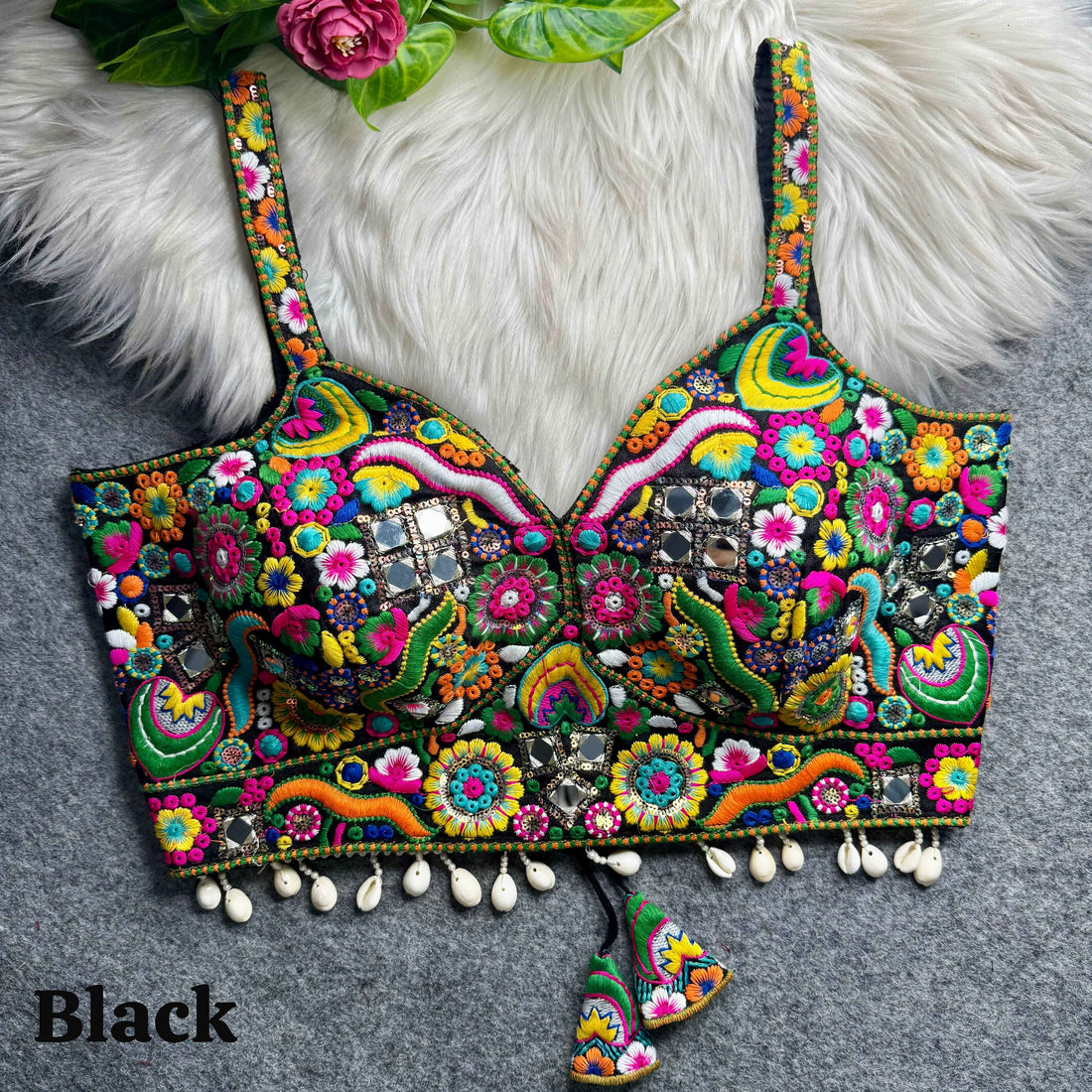 Black Pure Heavy Italian Soft Silk Real Mirror Thread &amp; Kaudi Work Navratri Blouse