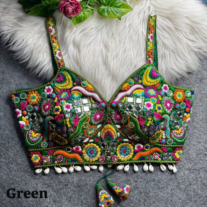 Green Pure Heavy Italian Soft Silk Real Mirror Thread &amp; Kaudi Work Navratri Blouse