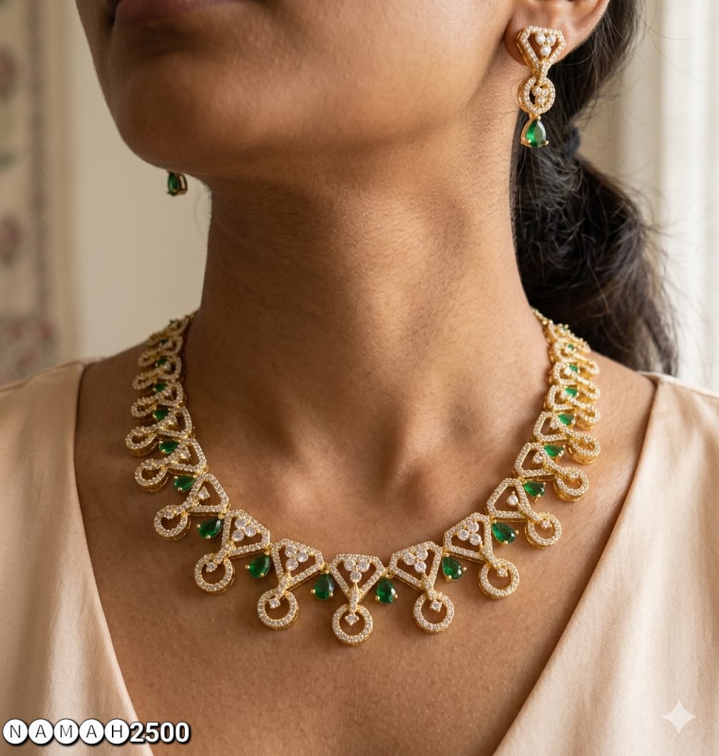 Green American Diamond Necklace Set