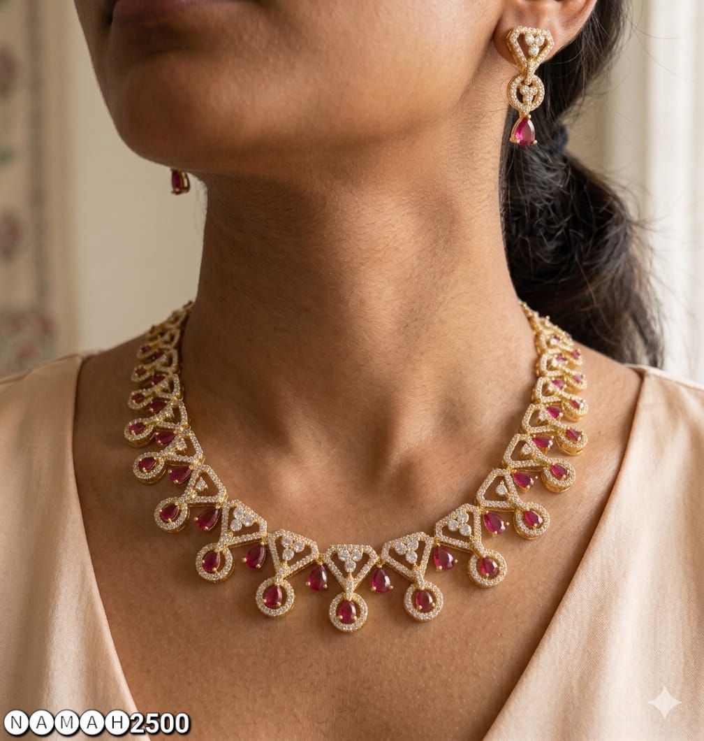 Red American Diamond Necklace Set