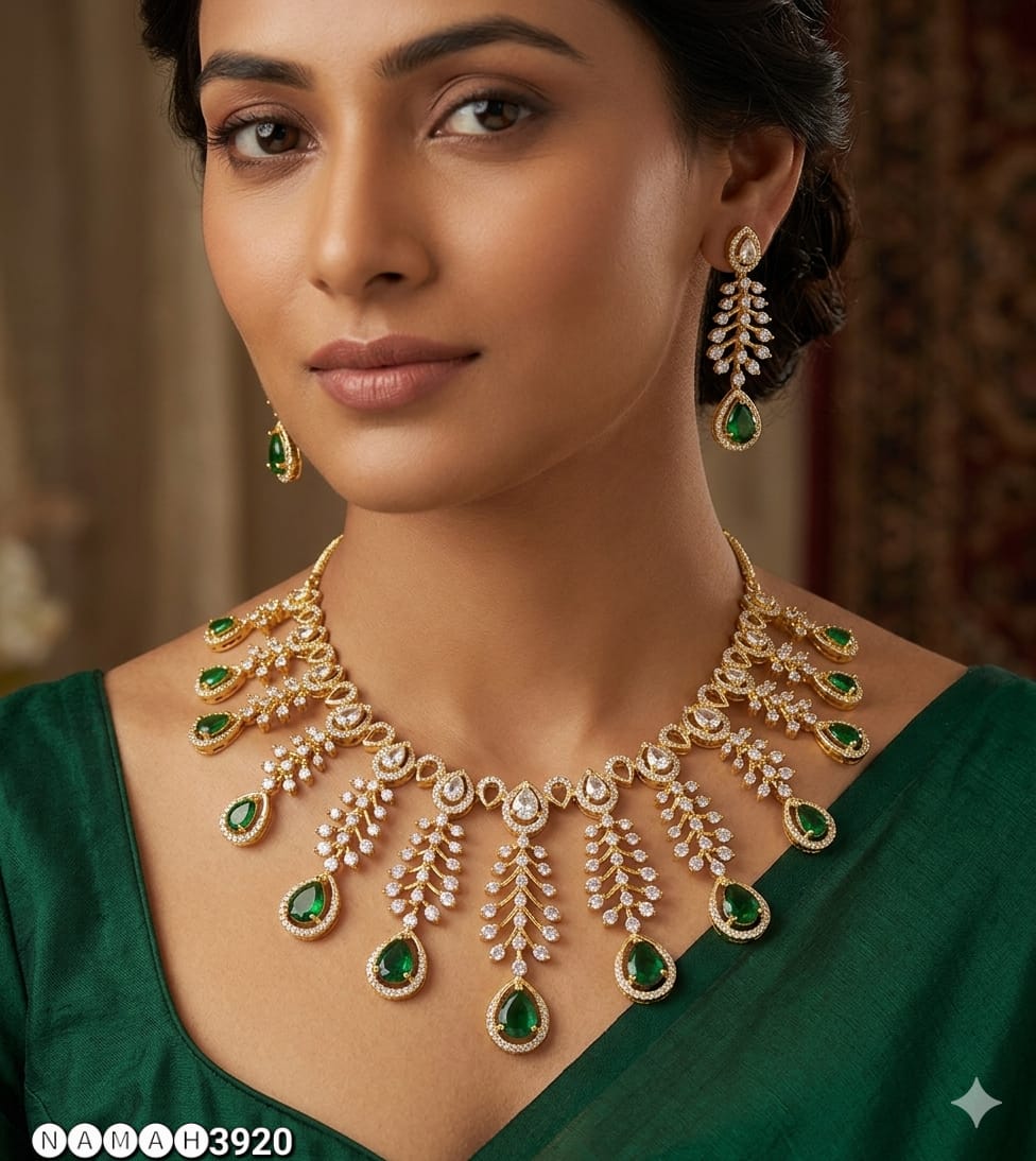 Green American Diamond Necklace Set