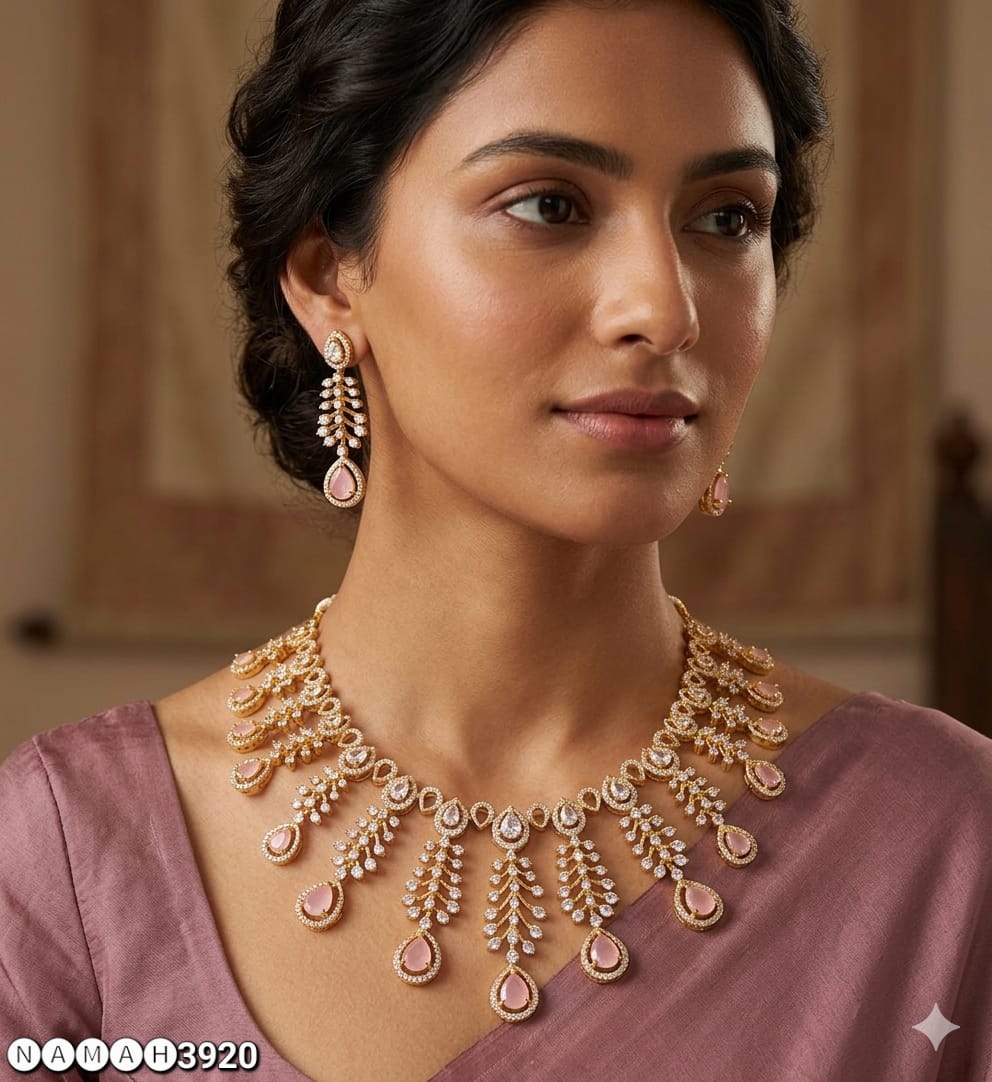 Pink American Diamond Necklace Set