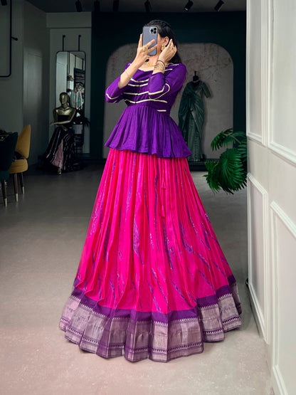Pink Pure Dola Silk Shibori Print South Indian Lehenga Choli
