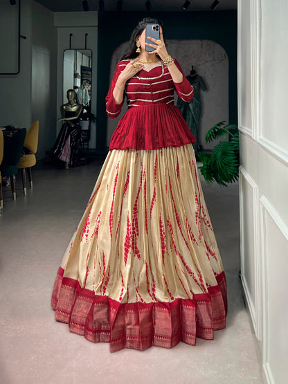 Cream Pure Dola Silk Shibori Print South Indian Lehenga Choli