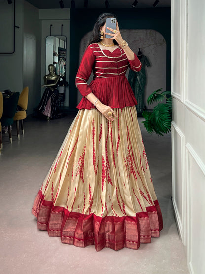 Cream Pure Dola Silk Shibori Print South Indian Lehenga Choli