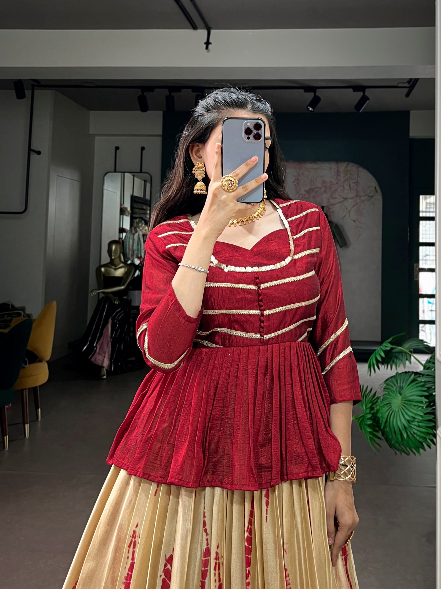 Cream Pure Dola Silk Shibori Print South Indian Lehenga Choli