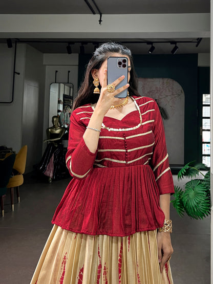 Cream Pure Dola Silk Shibori Print South Indian Lehenga Choli