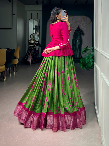Green Pure Dola Silk Shibori Print South Indian Lehenga Choli