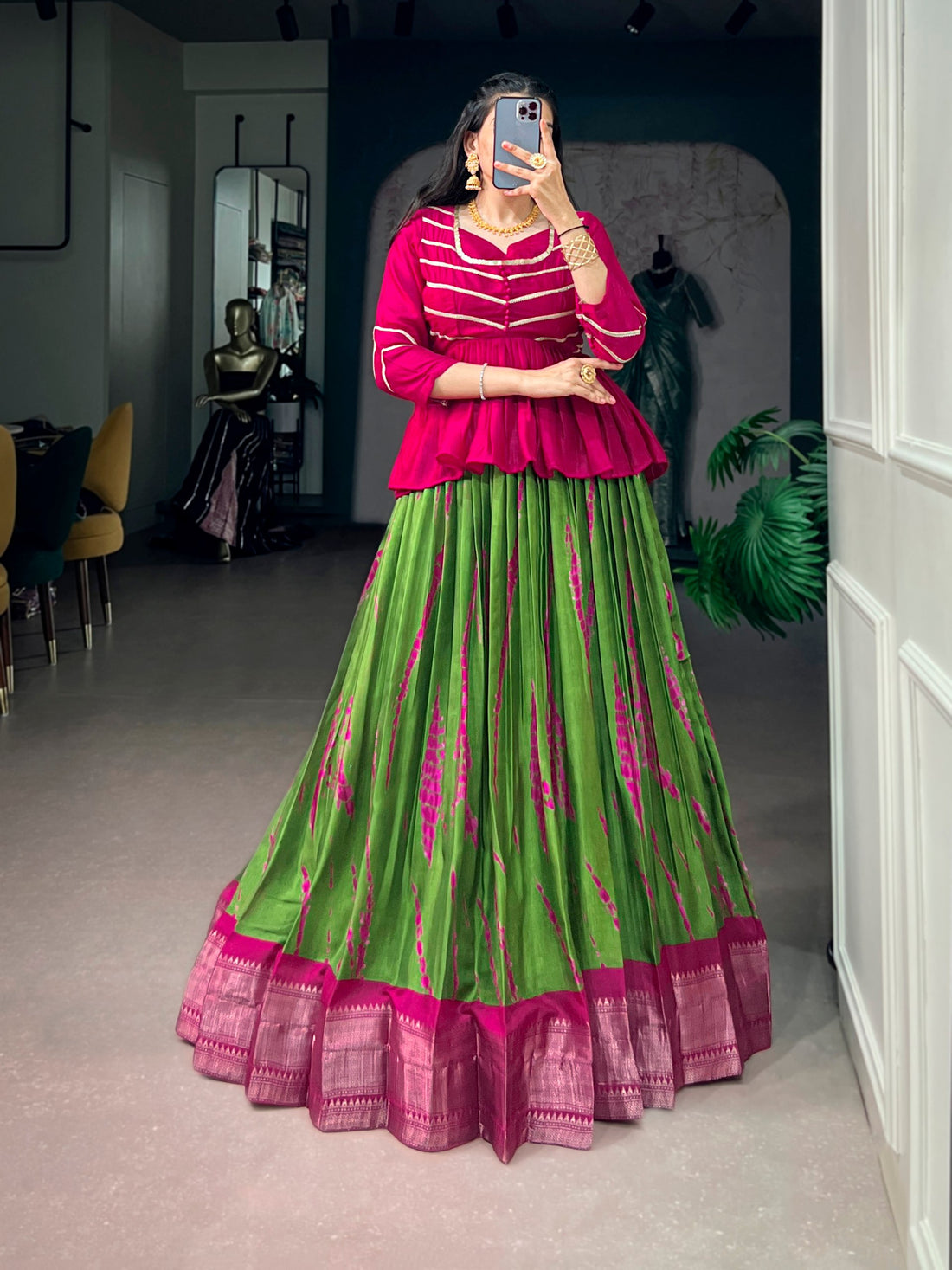Green Pure Dola Silk Shibori Print South Indian Lehenga Choli