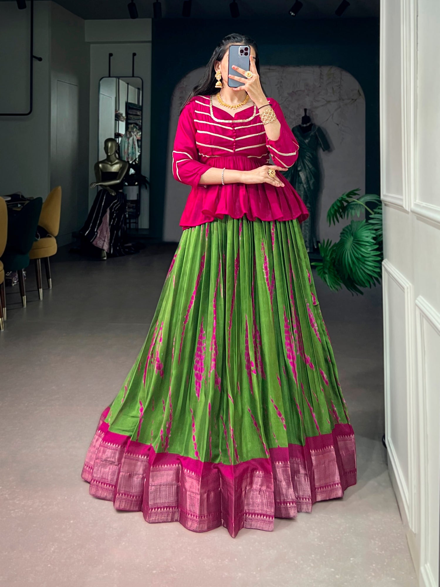 Green Pure Dola Silk Shibori Print South Indian Lehenga Choli