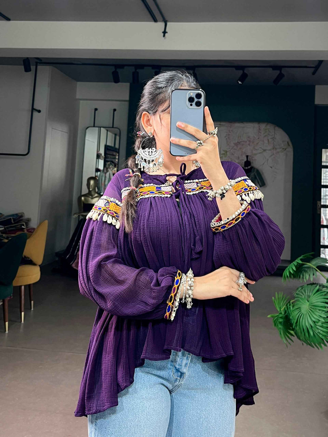 Purple Pure Handcrafted Mirror &amp; Multicolor Gamthi Work  Readymade Kurti With Top