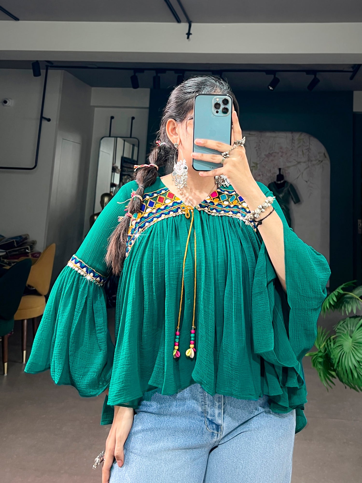 Peacock Pure Handcrafted Mirror &amp; Multicolor Gamthi Work  Readymade Kurti With Top