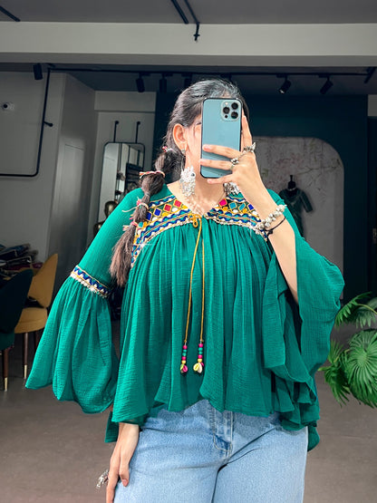 Peacock Pure Handcrafted Mirror &amp; Multicolor Gamthi Work  Readymade Kurti With Top