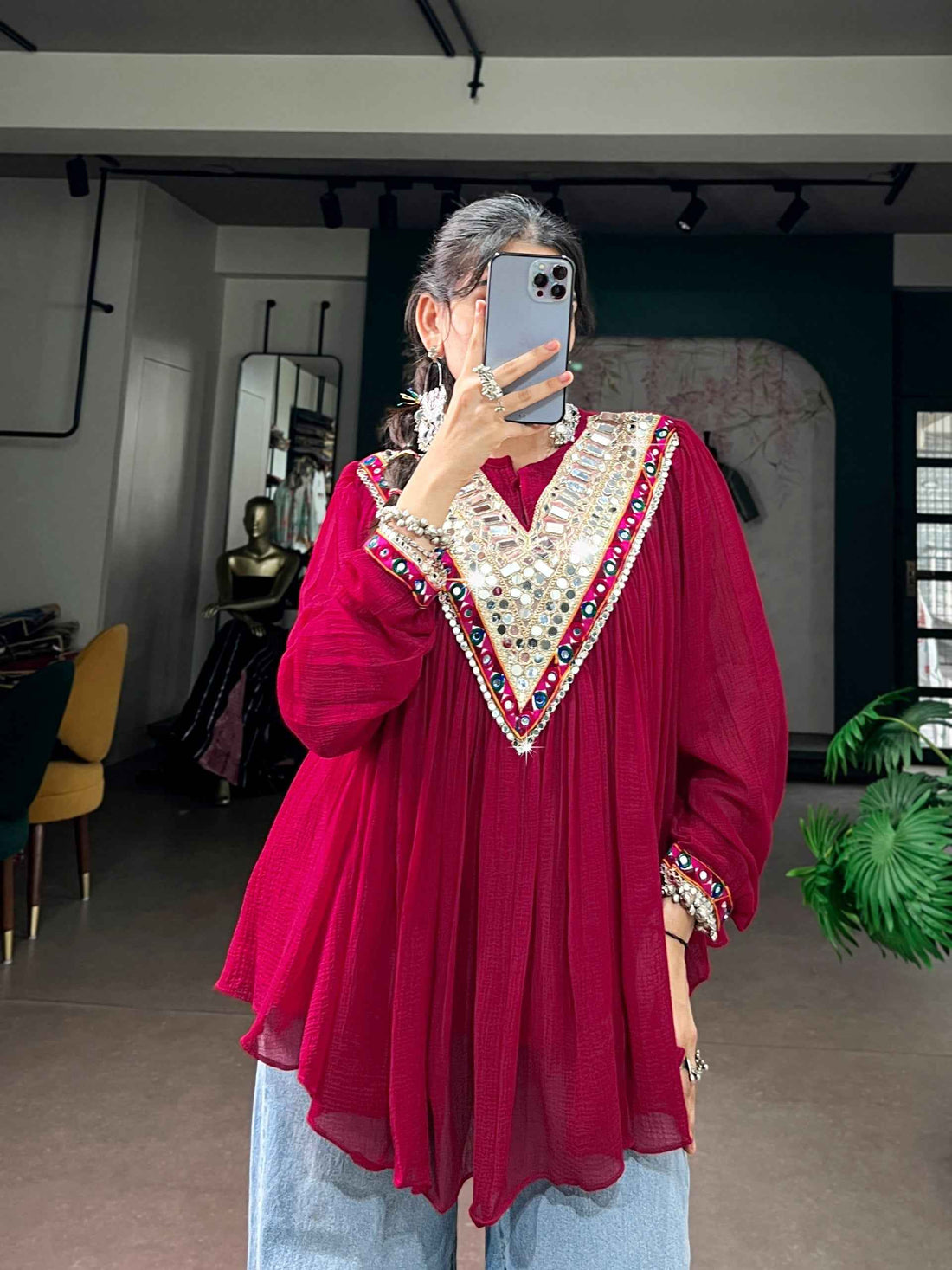 Rani Pure Handcrafted Mirror &amp; Multicolor Gamthi Work  Readymade Kurti With Top
