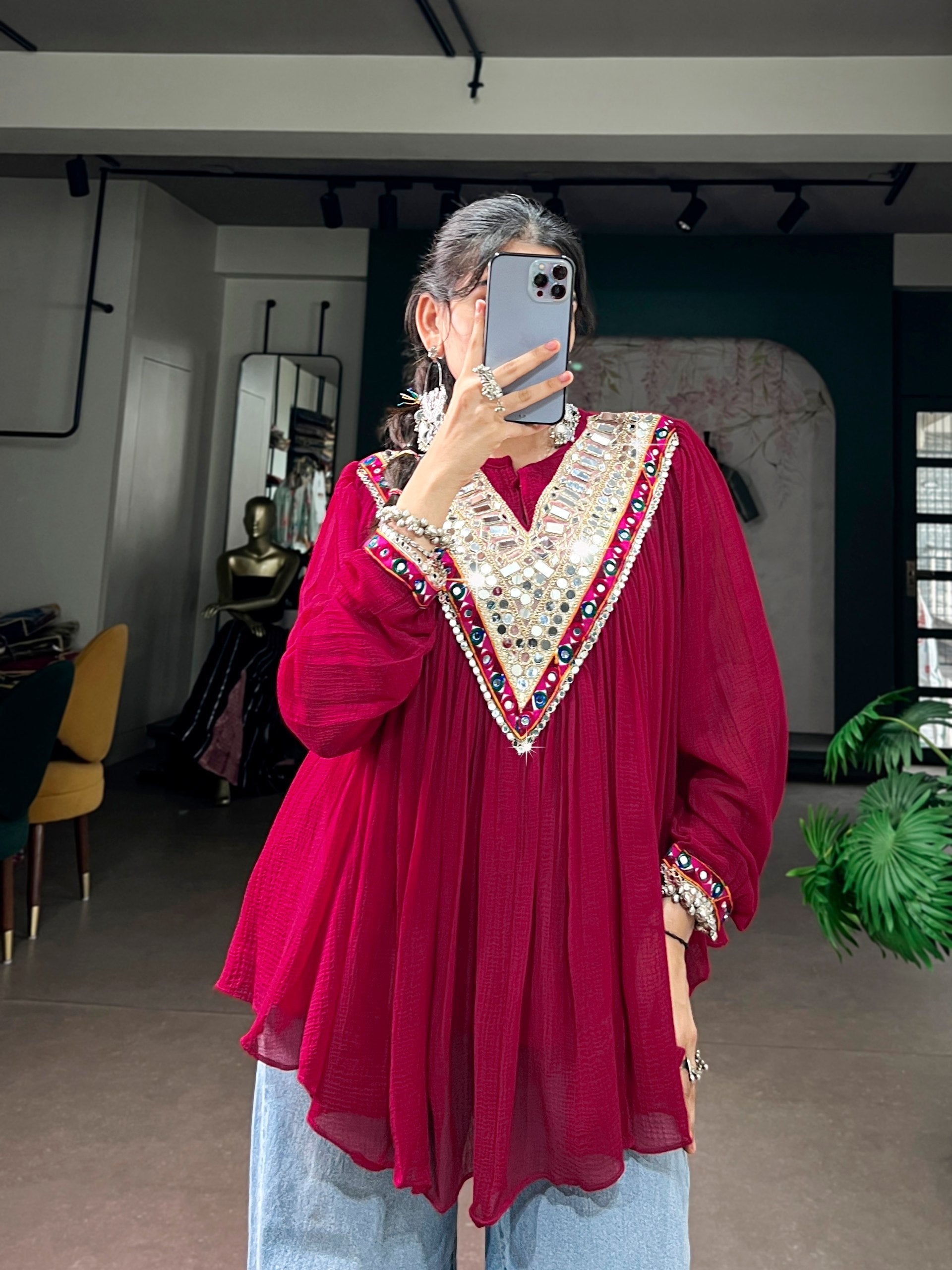 Rani Pure Handcrafted Mirror &amp; Multicolor Gamthi Work  Readymade Kurti With Top