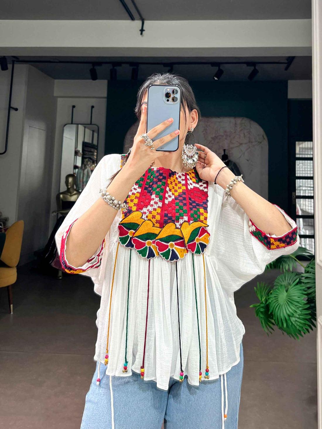 White Pure Handcrafted Mirror &amp; Multicolor Gamthi Work  Readymade Kurti With Top