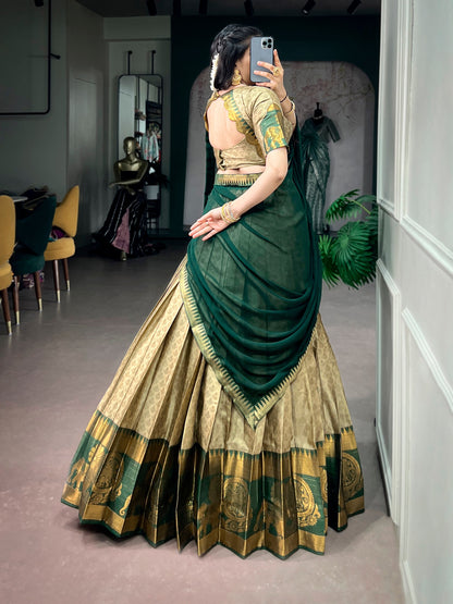 Green Pure Poly Cotton Elegant Zari Weaving Work  South Indian Lehenga Choli
