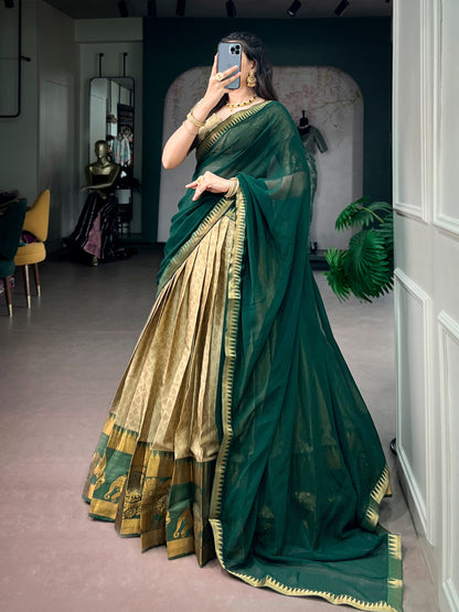 Green Pure Poly Cotton Elegant Zari Weaving Work  South Indian Lehenga Choli