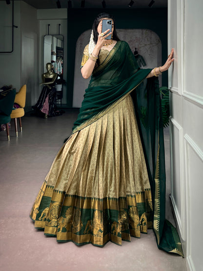 Green Pure Poly Cotton Elegant Zari Weaving Work  South Indian Lehenga Choli