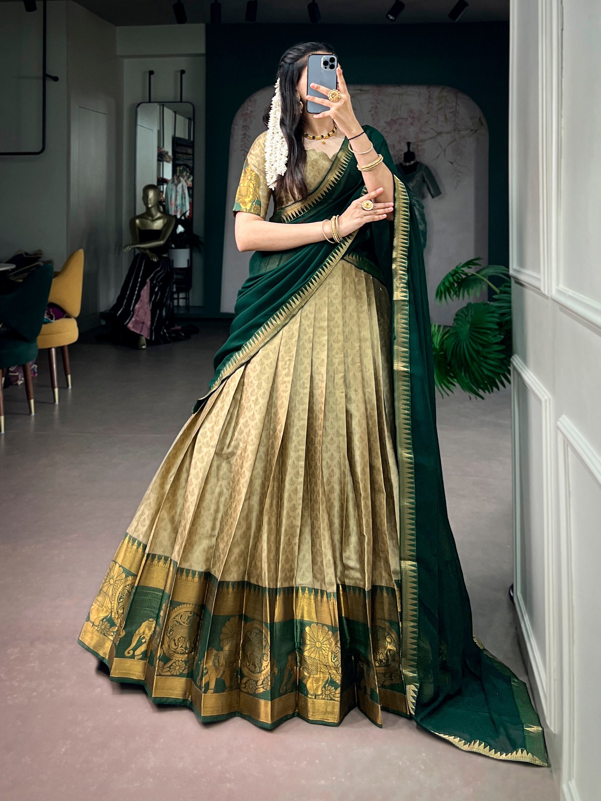 Green Pure Poly Cotton Elegant Zari Weaving Work  South Indian Lehenga Choli