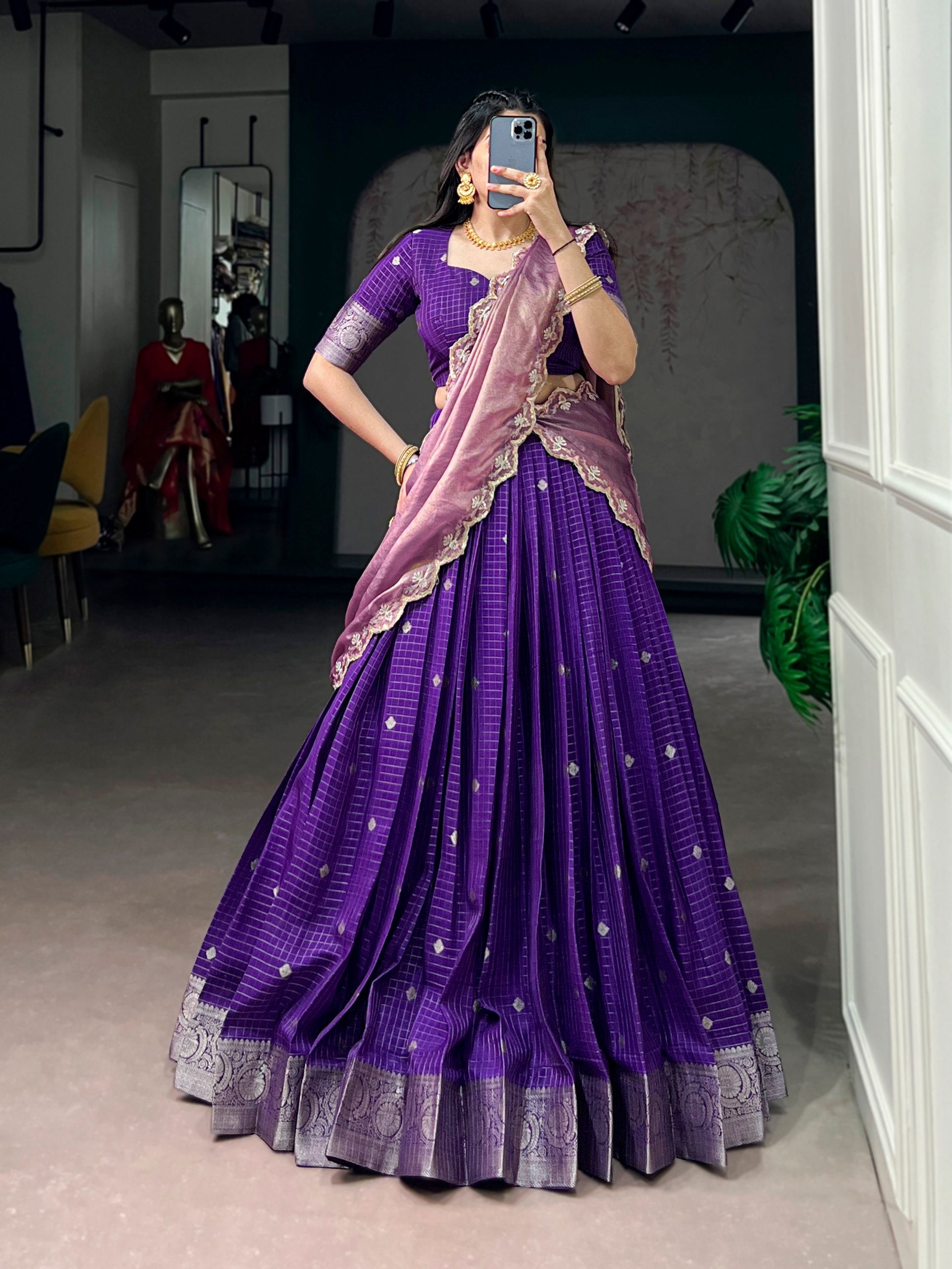 Purple Pure Chinon Silk Elegant Zari Weaving Work South Indian Lehenga Choli