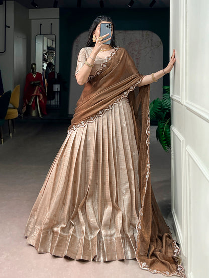 Cream Pure Chinon Silk Elegant Zari Weaving Work South Indian Lehenga Choli