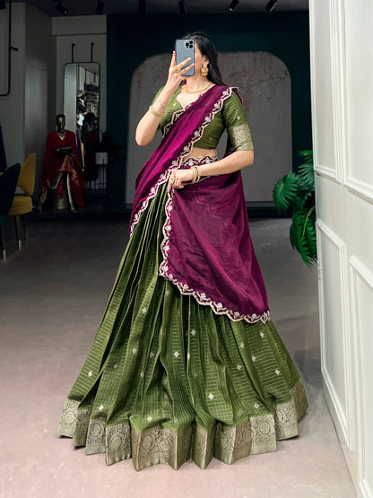 Mahendi Pure Chinon Silk Elegant Zari Weaving Work South Indian Lehenga Choli