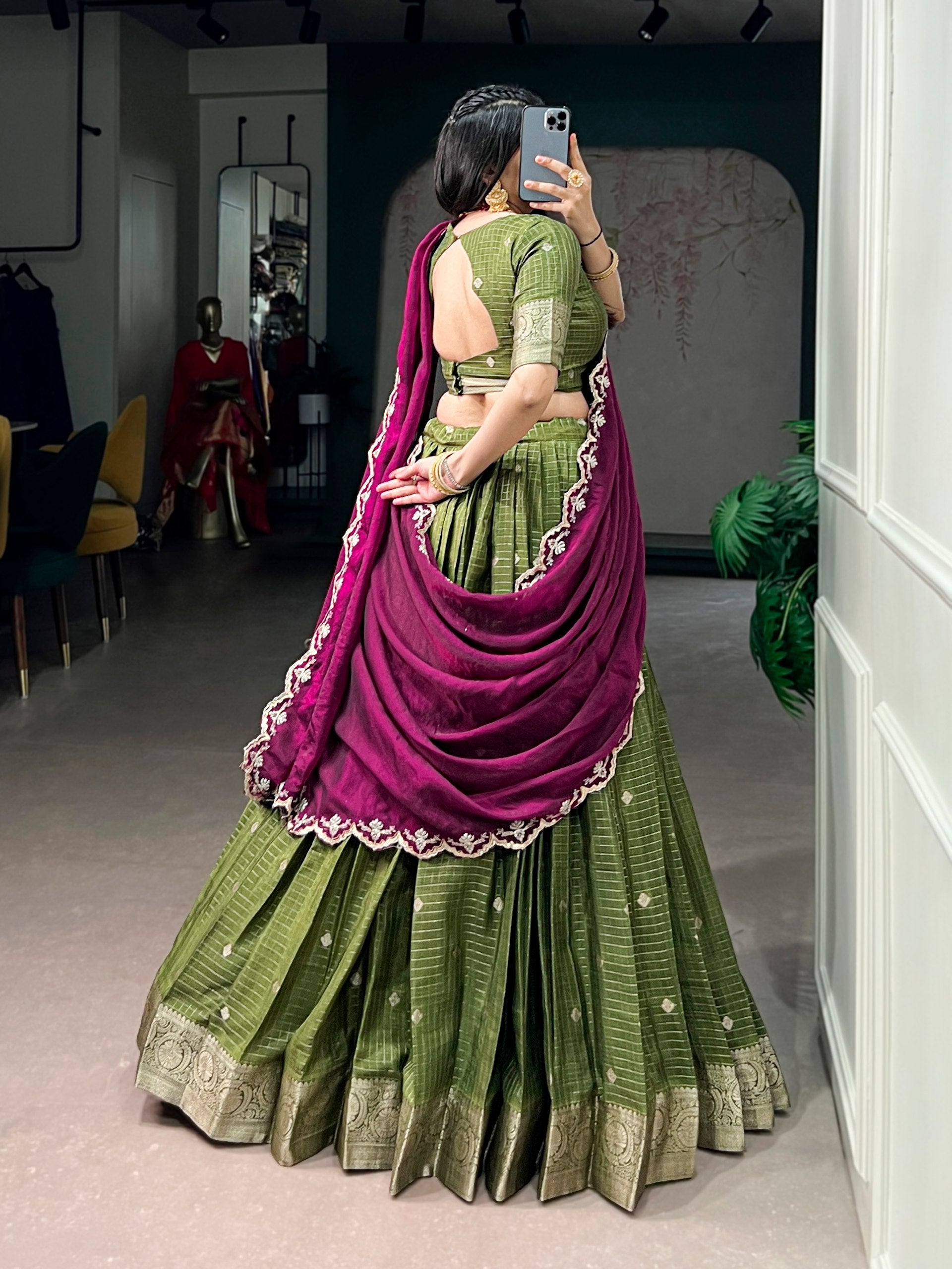 Mahendi Pure Chinon Silk Elegant Zari Weaving Work South Indian Lehenga Choli