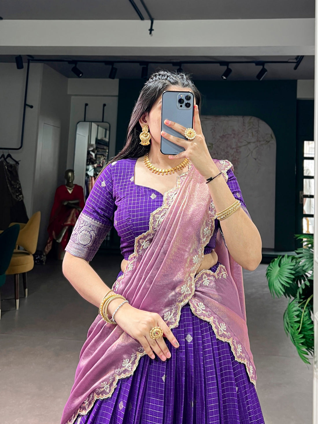 Purple Pure Chinon Silk Elegant Zari Weaving Work South Indian Lehenga Choli