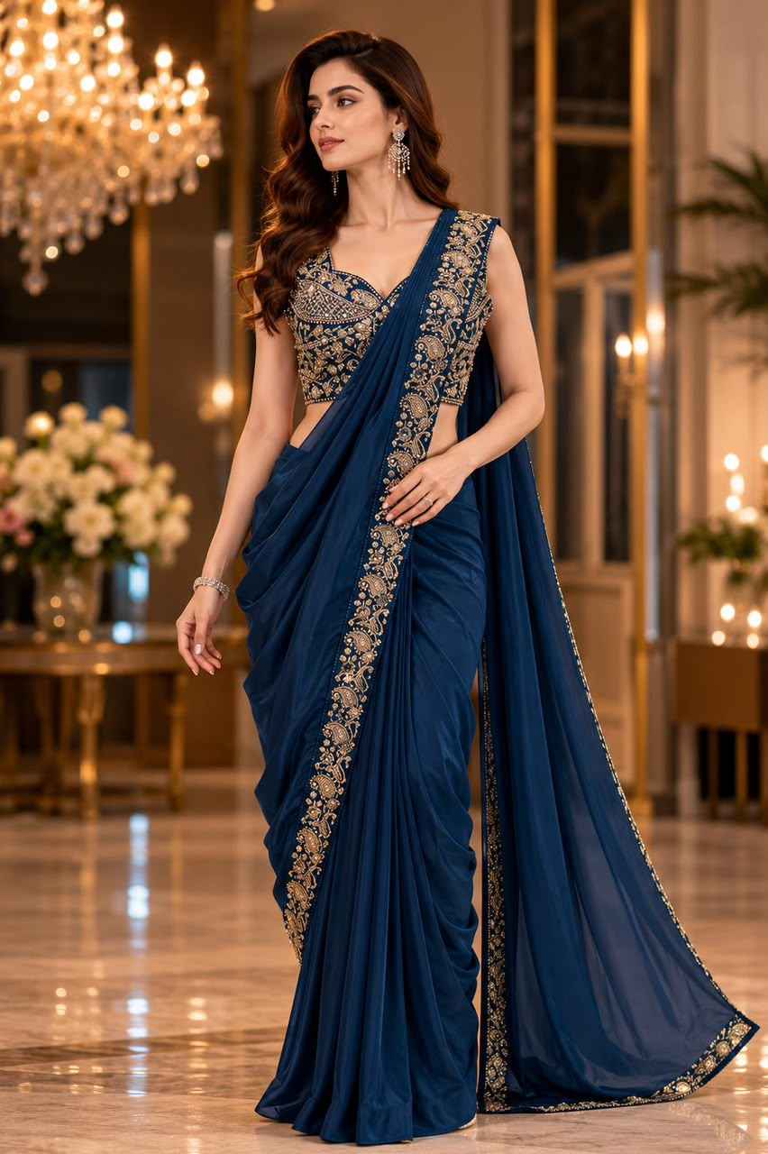 Blue Pure Imported Lycra Silk Ready to Wear Saree