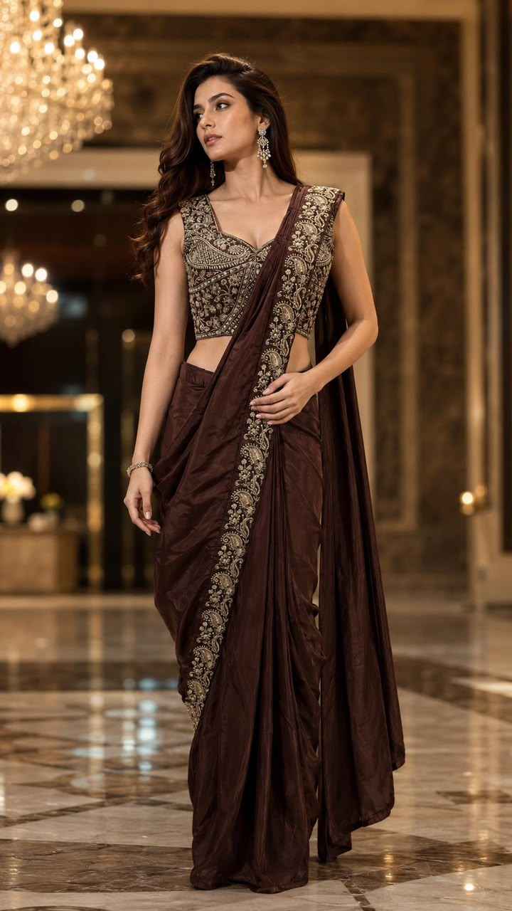 Wine Pure Imported Lycra Silk Ready to Wear Saree