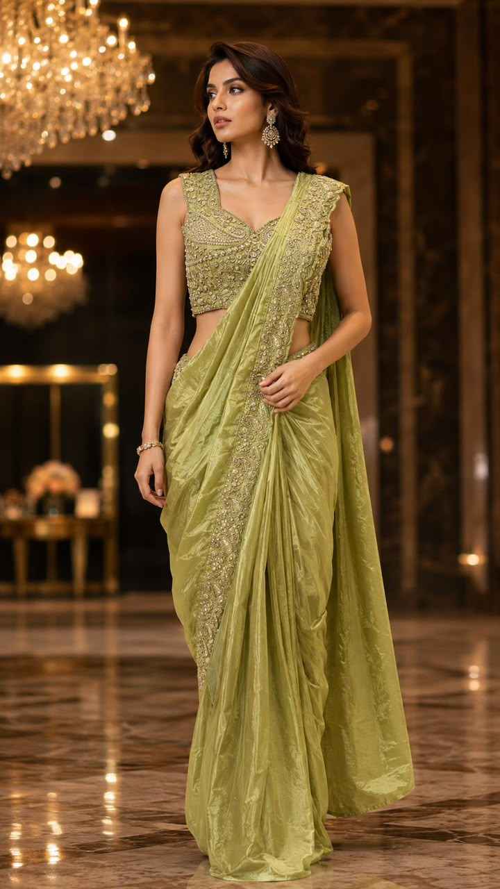 Olive Green Pure Imported  Lycra Silk Ready to Wear Saree