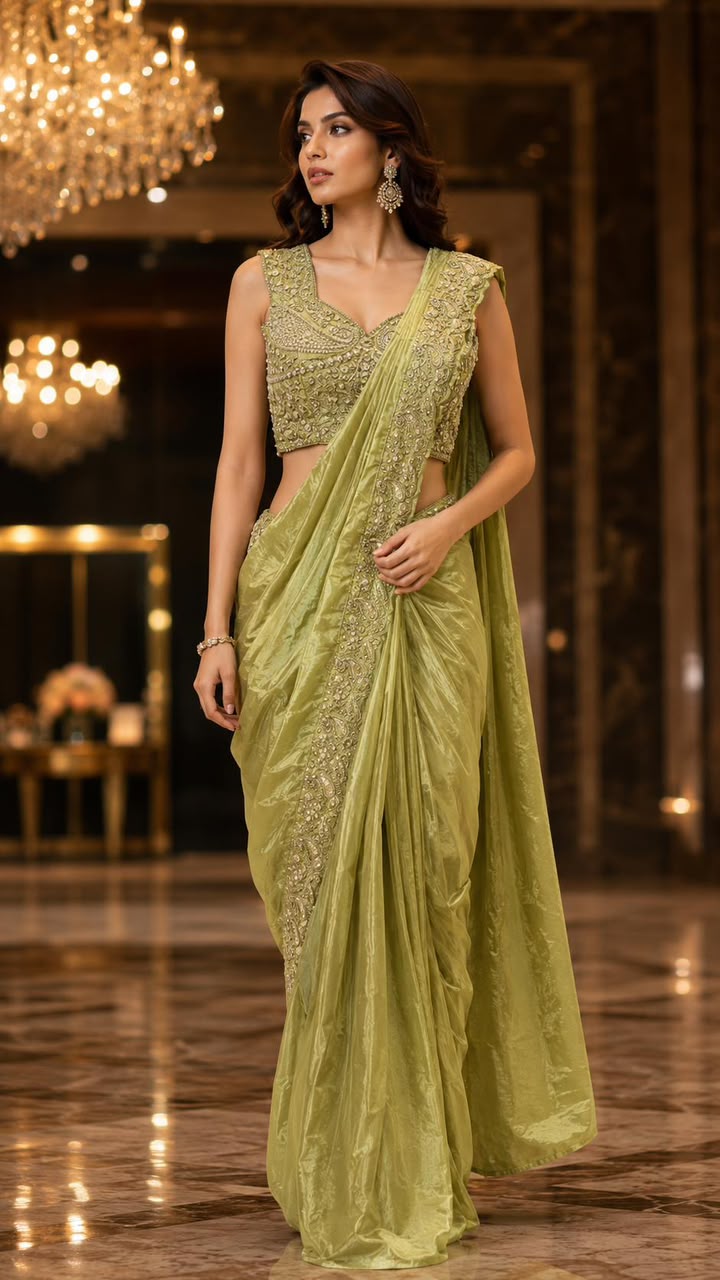 Olive Green Pure Imported  Lycra Silk Ready to Wear Saree