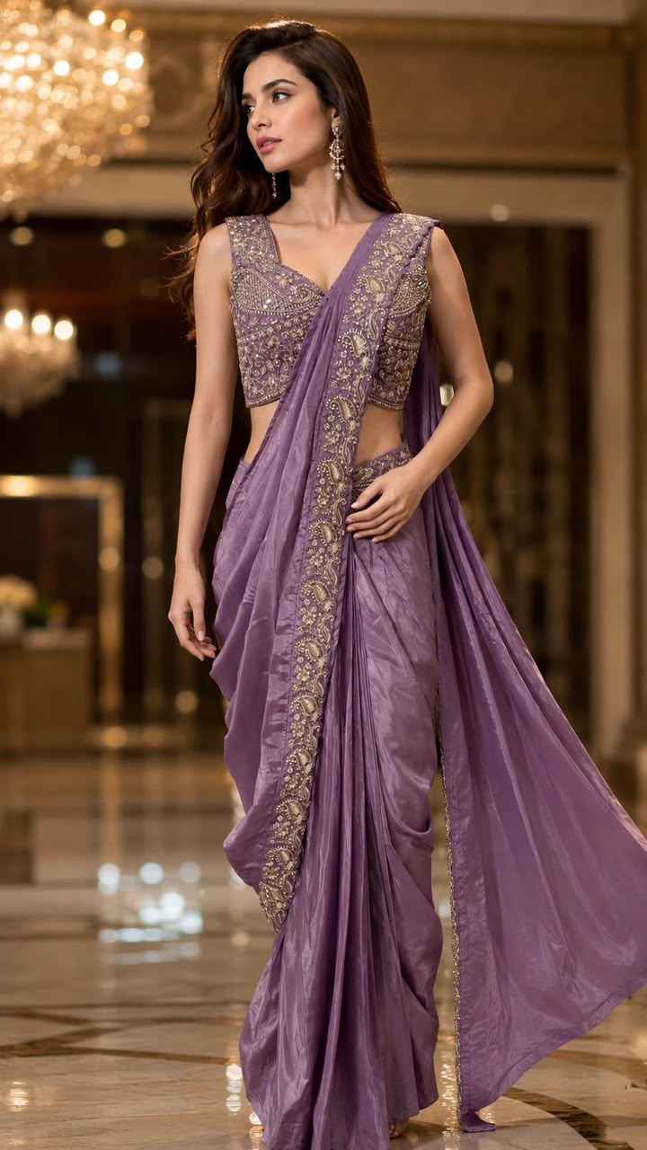 Lavender Pure Imported  Lycra Silk Ready to Wear Saree