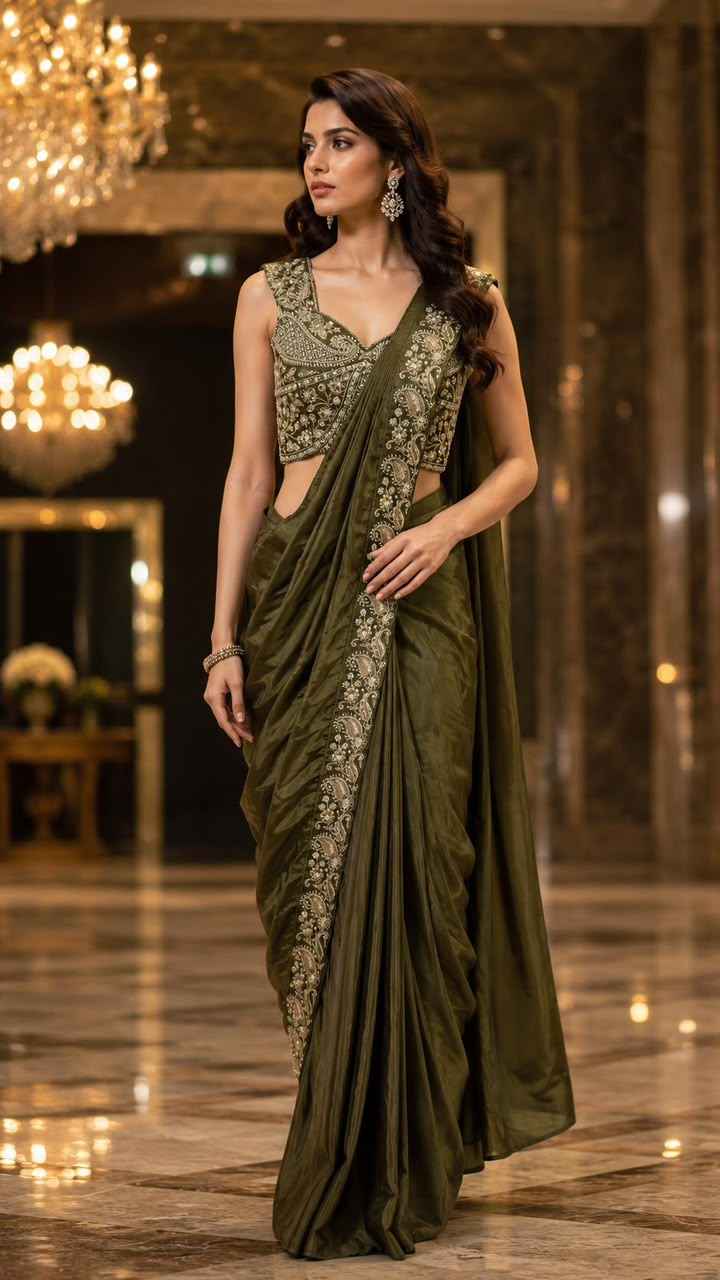 Mehndi Pure Imported  Lycra Silk Ready to Wear Saree